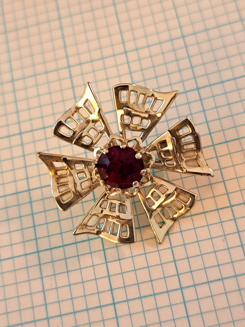 Vintage Gold-Tone Floral Brooch with Deep Red Center Faux Stone